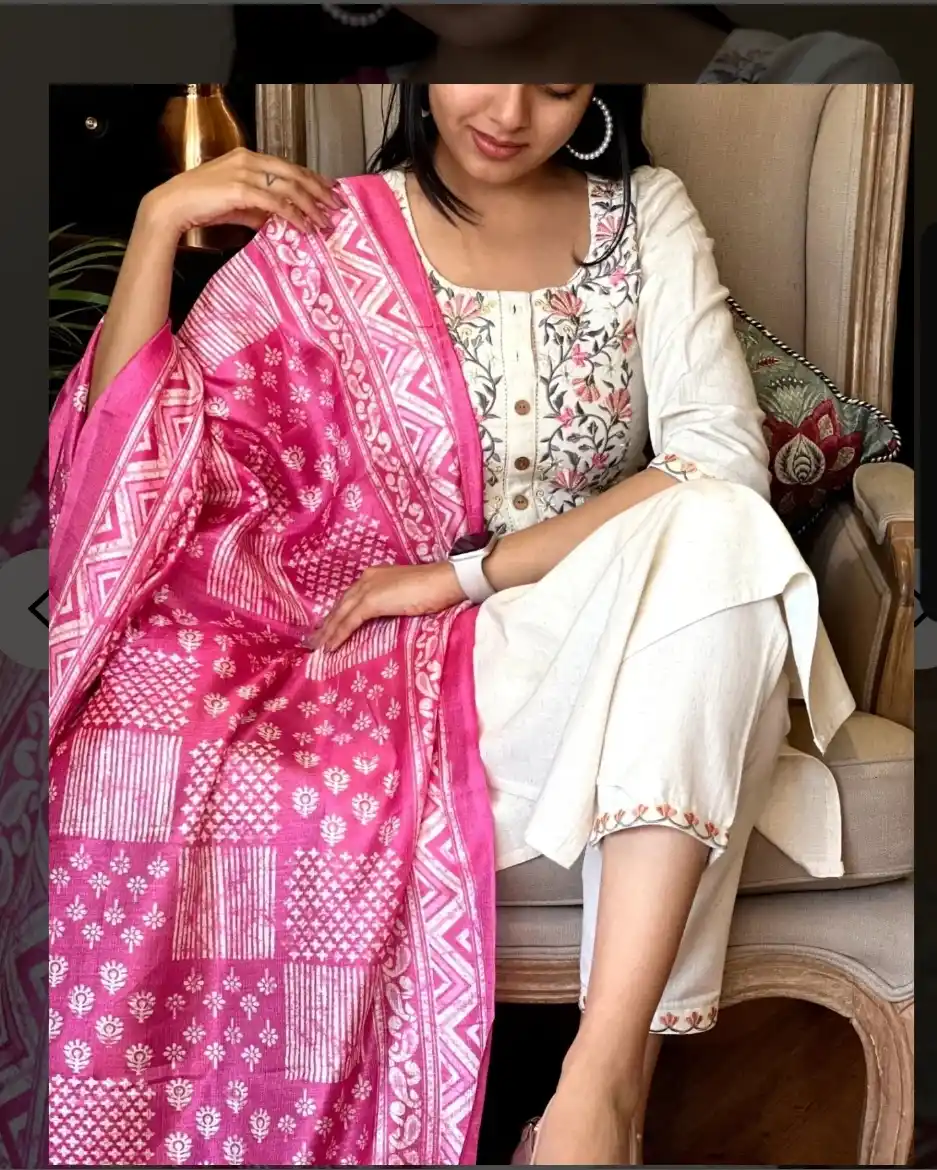 Cream Khadi Cotton Kurti Set With Dupatta For Women.png